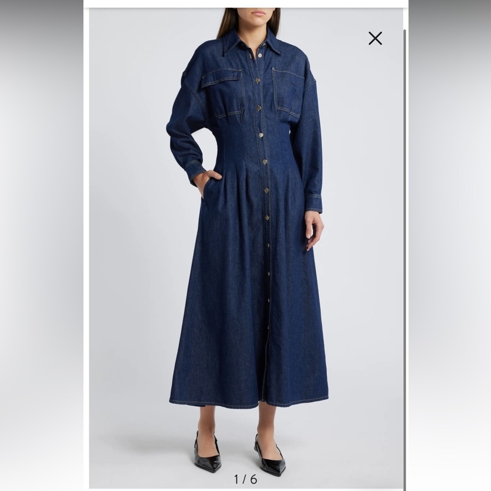 new Frame Denim nipped pleated maxi dress in indigo dark wash denim - Picture 5 of 9